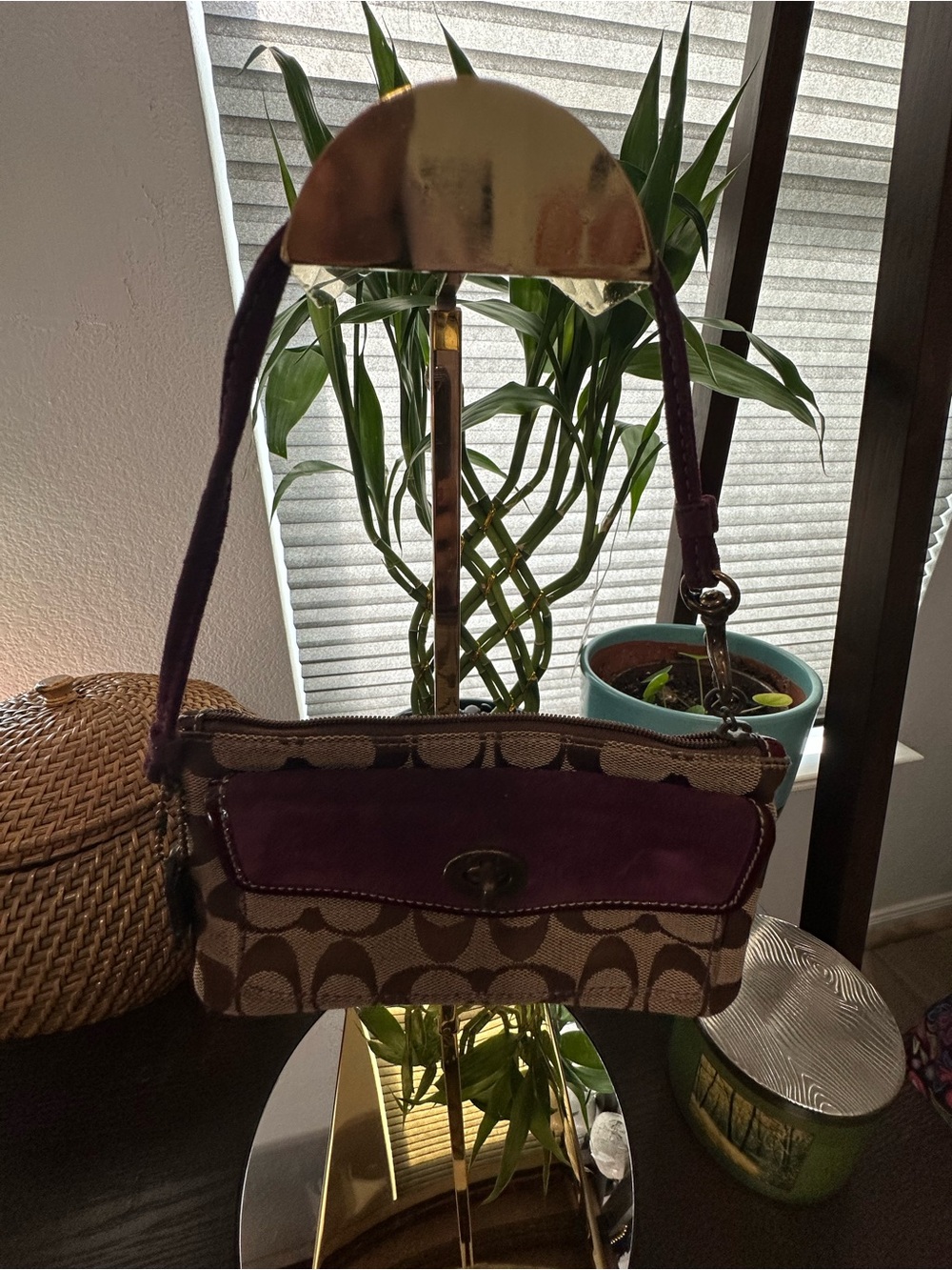 Coach Brown Signature Canvas Shoulder Bag with Plum Suede Flap